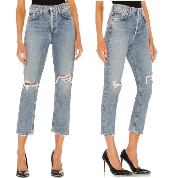 AGOLDE Riley High Rise Straight Crop Jeans in Distressed Escalate Wash Size 28 - Picture 8 of 12